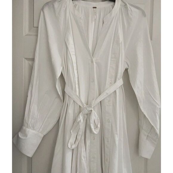 Free People Sz S Charlie Shirt White V-Neck Pockets Slit Maxi Dress Trendy - Picture 4 of 7